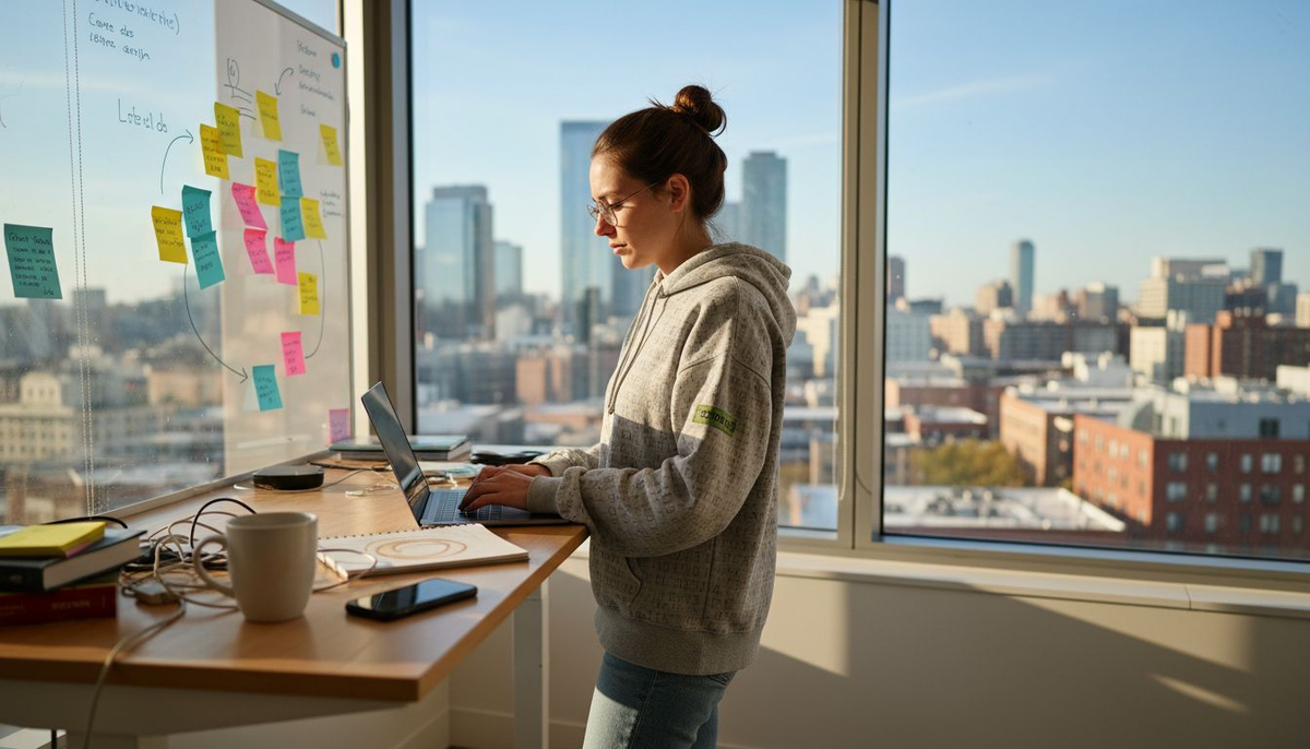 Developer wearing tech-themed hoodie in office
