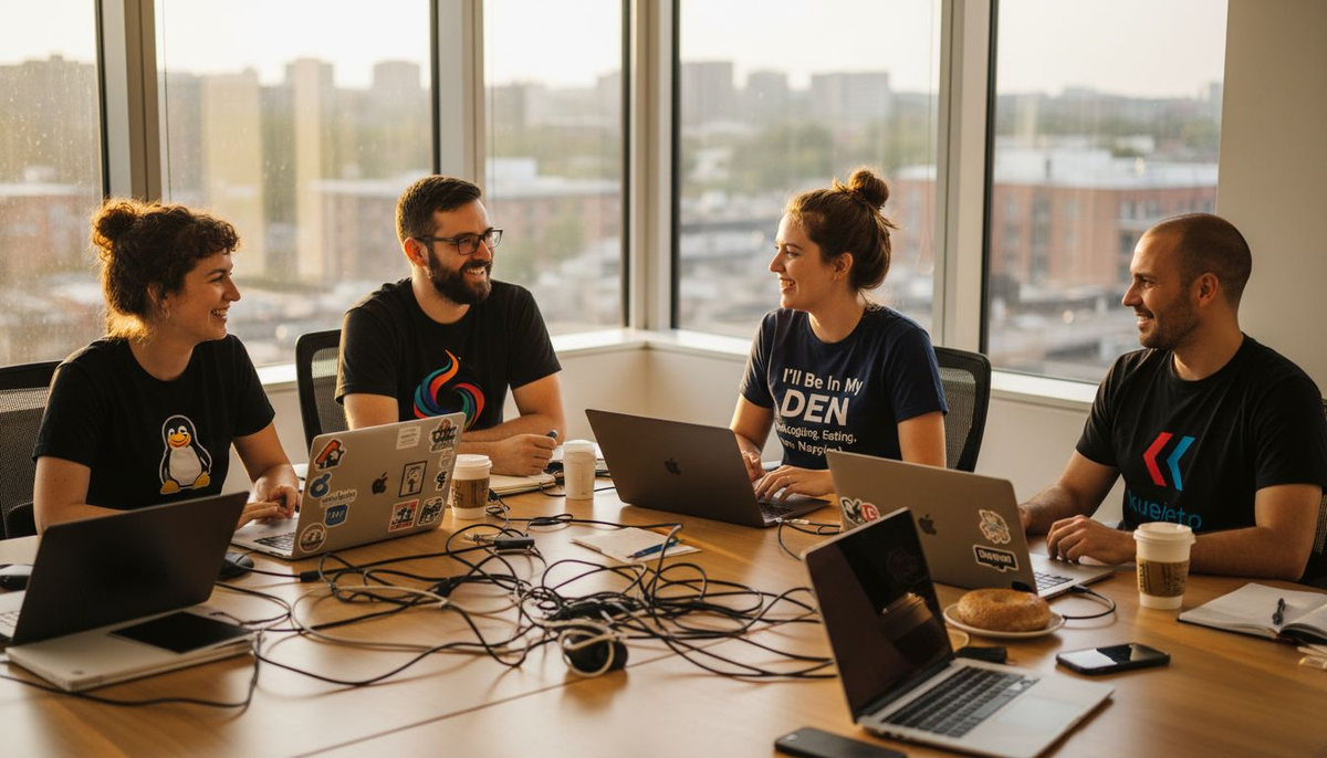 Developers in tech shirts collaborating in office