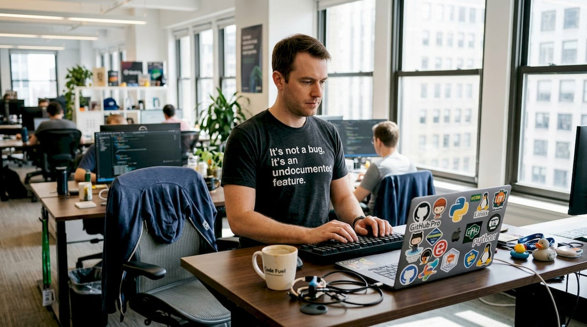 Developer in workspace wearing tech swag shirt