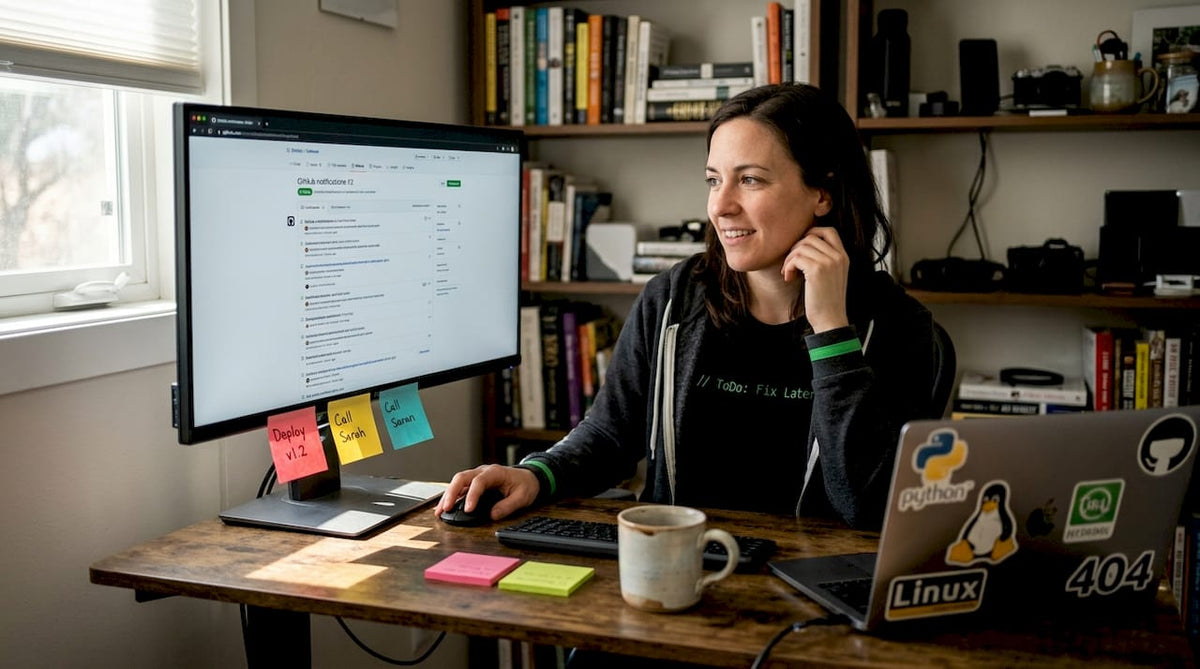 Developer in home office wearing code design shirt