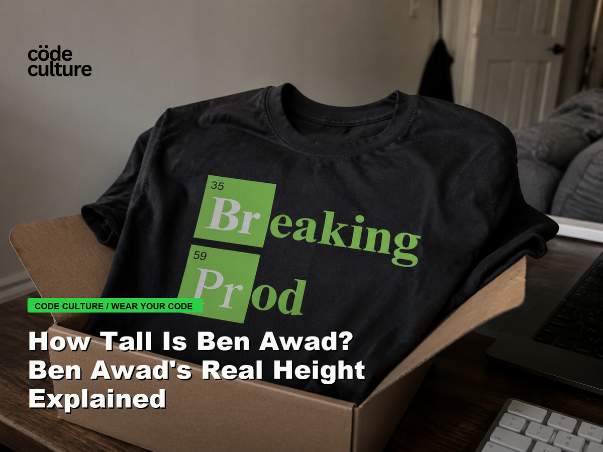 Code Culture blog banner for How Tall Is Ben Awad? Ben Awad's Real Height Explained, featuring a 35 breaking 59 prod developer t-shirt.
