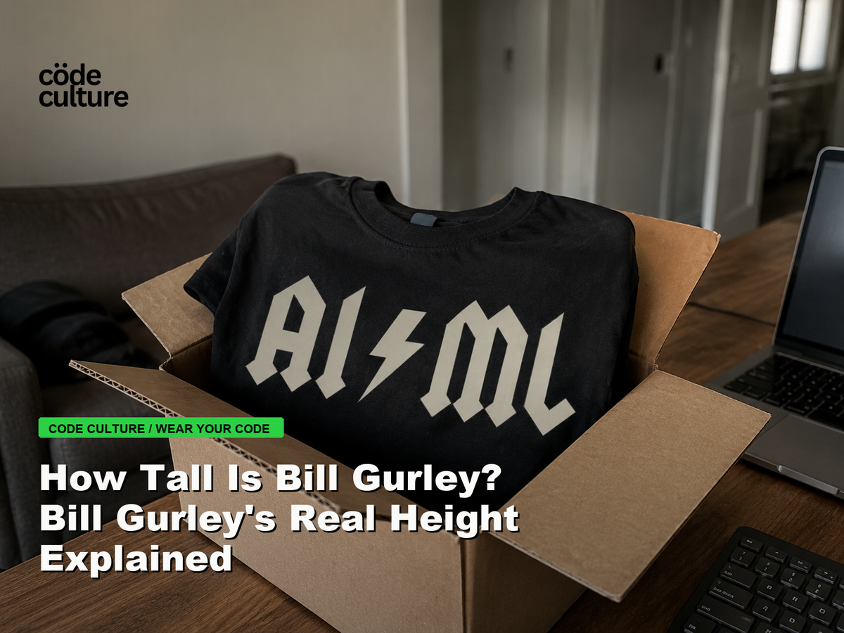 Code Culture blog banner for How Tall Is Bill Gurley? Bill Gurley's Real Height Explained, featuring a aiml 100416 developer t-shirt.