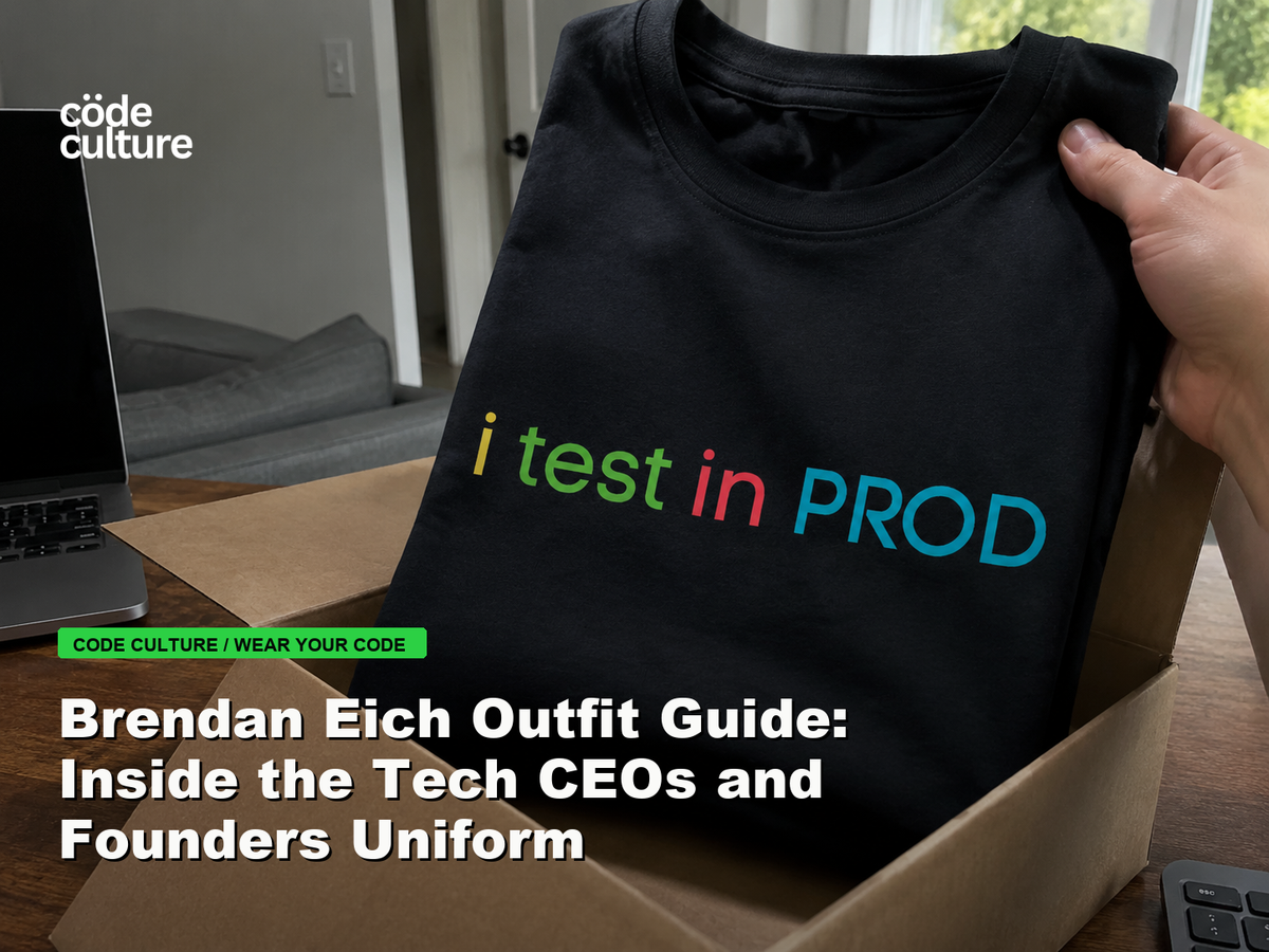 Code Culture blog banner for Brendan Eich Outfit Guide: Inside the Tech CEOs and Founders Uniform, featuring a i test in prod developer t-shirt.