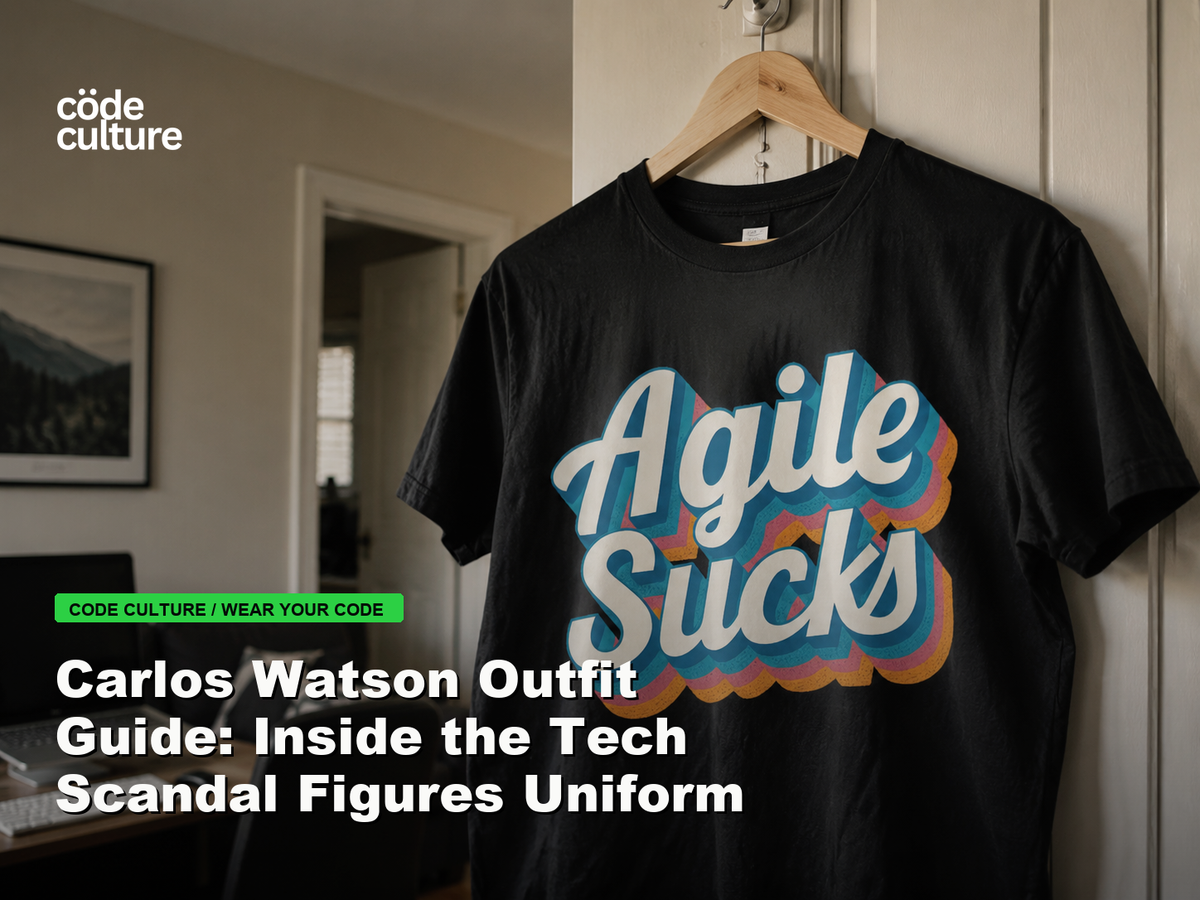 Code Culture blog banner for Carlos Watson Outfit Guide: Inside the Tech Scandal Figures Uniform, featuring a agile suck developer t-shirt.