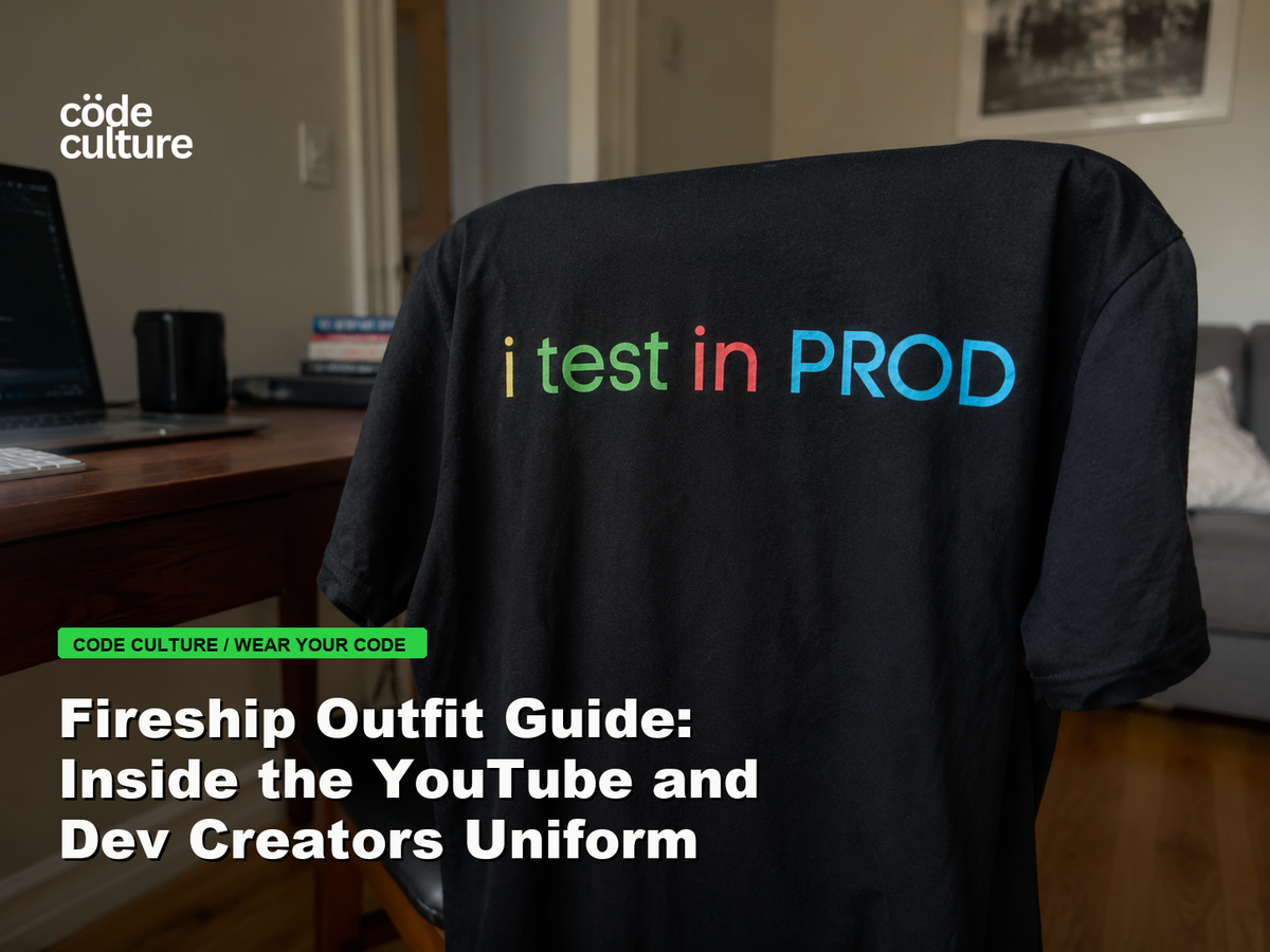 Code Culture blog banner for Fireship Outfit Guide: Inside the YouTube and Dev Creators Uniform, featuring a i test in prod developer t-shirt.