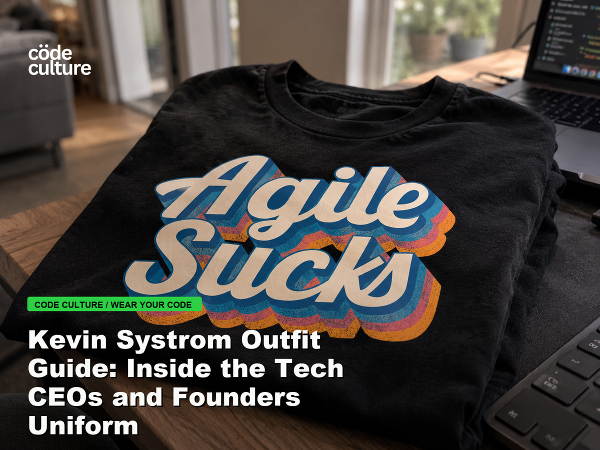 Code Culture blog banner for Kevin Systrom Outfit Guide: Inside the Tech CEOs and Founders Uniform, featuring a agile suck developer t-shirt.