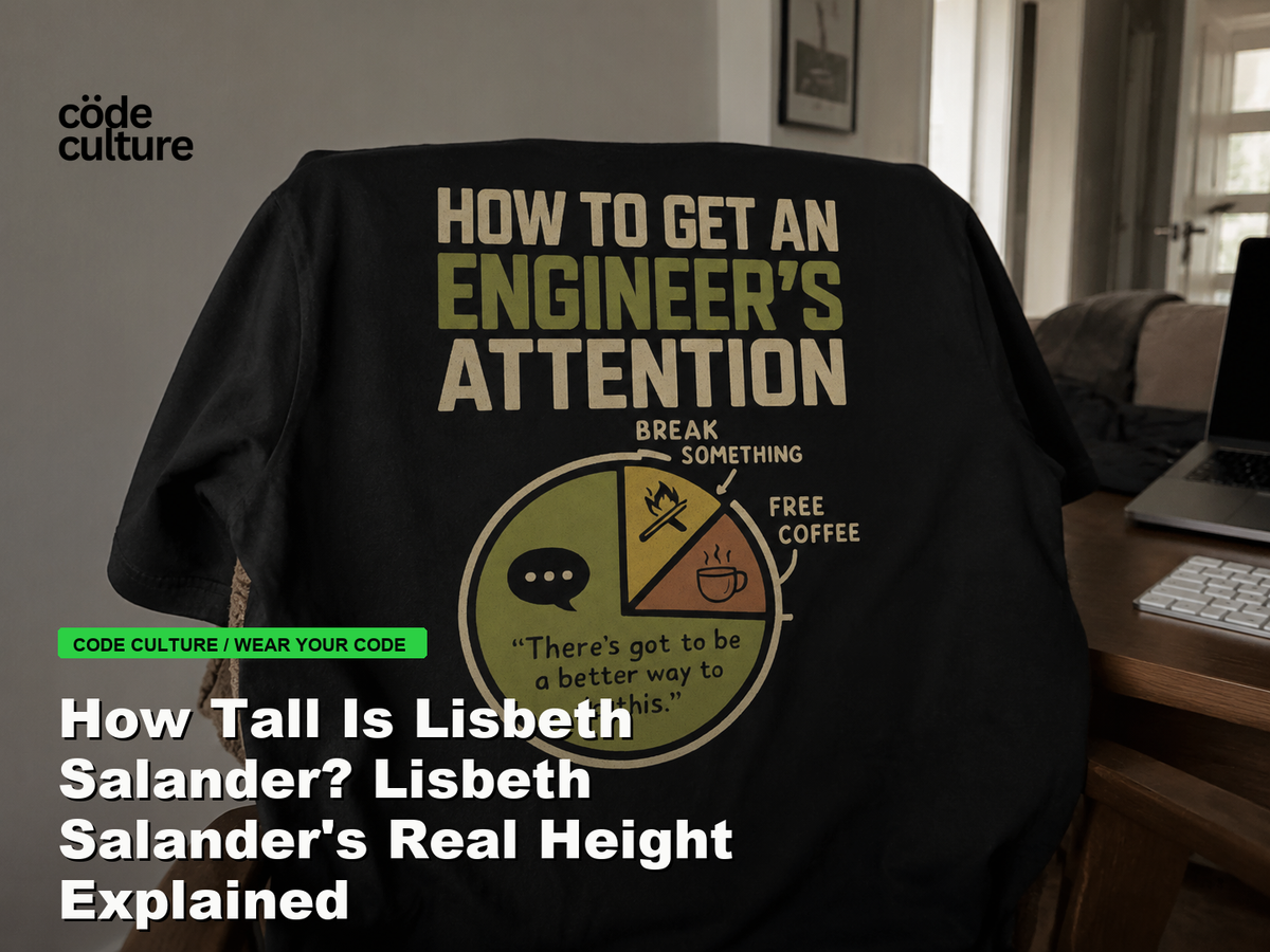 Code Culture blog banner for How Tall Is Lisbeth Salander? Lisbeth Salander's Real Height Explained, featuring a how to get an engineer attention developer t-shirt.