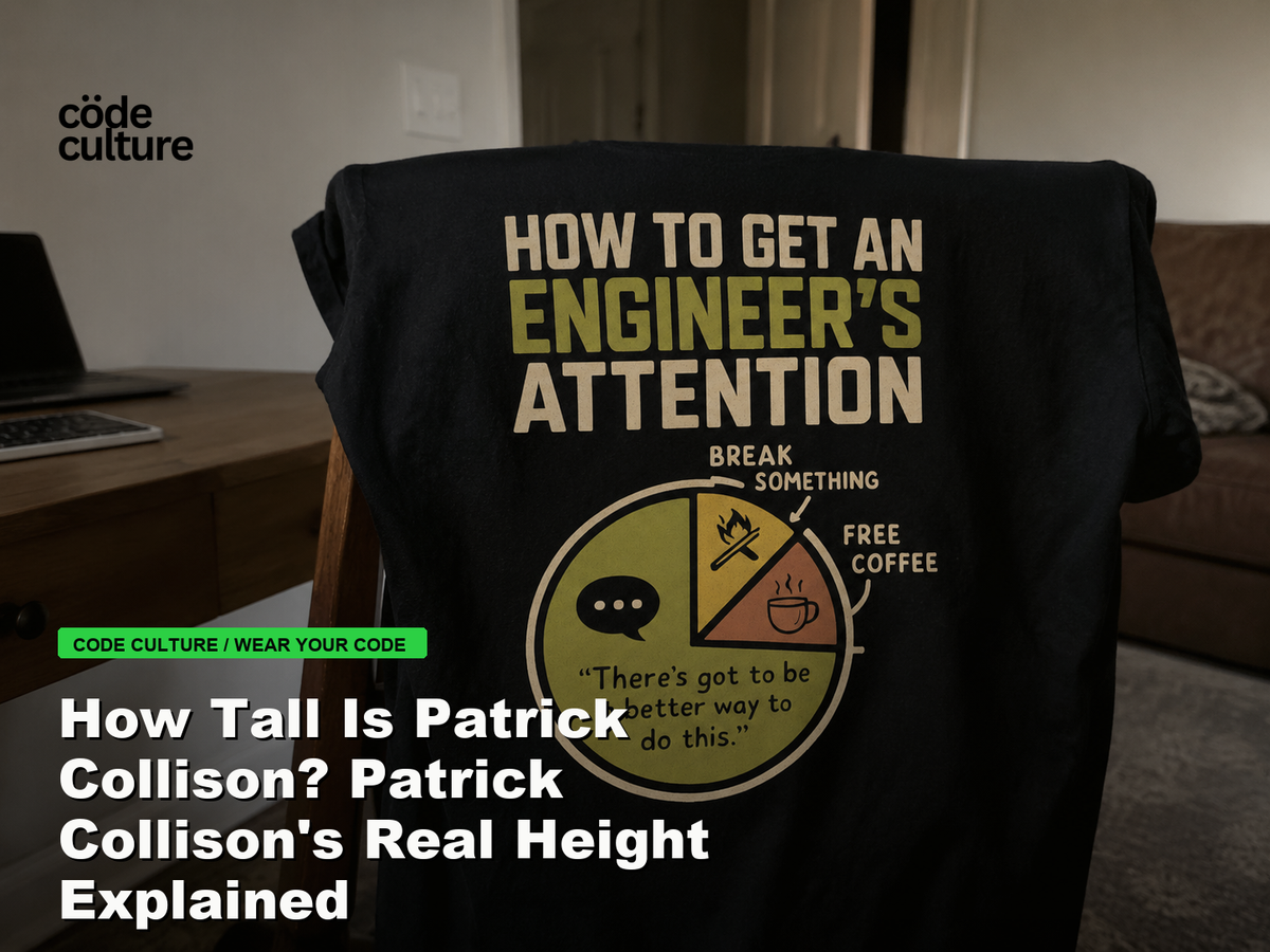 Code Culture blog banner for How Tall Is Patrick Collison? Patrick Collison's Real Height Explained, featuring a how to get an engineer attention developer t-shirt.