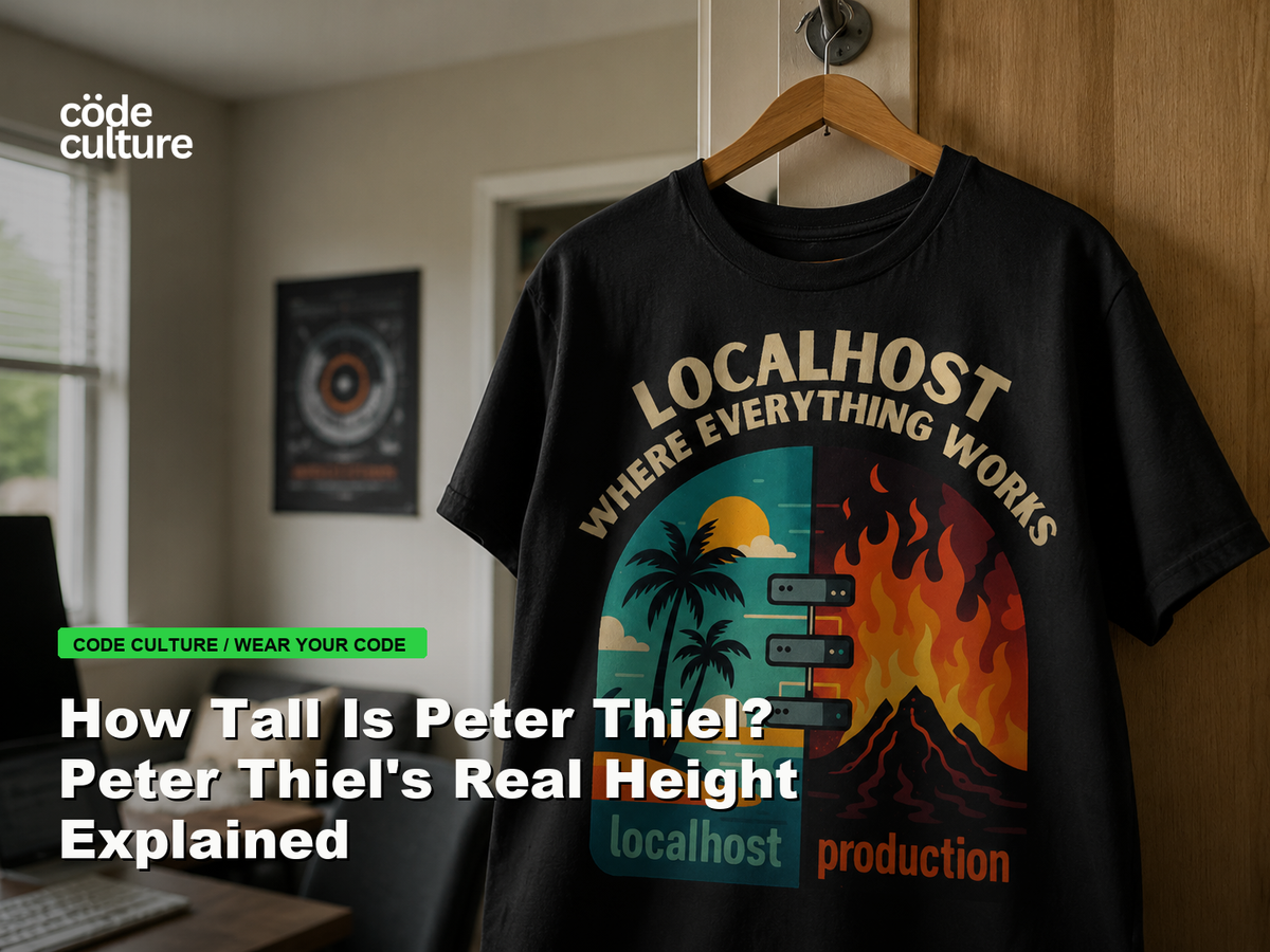 Code Culture blog banner for How Tall Is Peter Thiel? Peter Thiel's Real Height Explained, featuring a localhost production developer t-shirt.