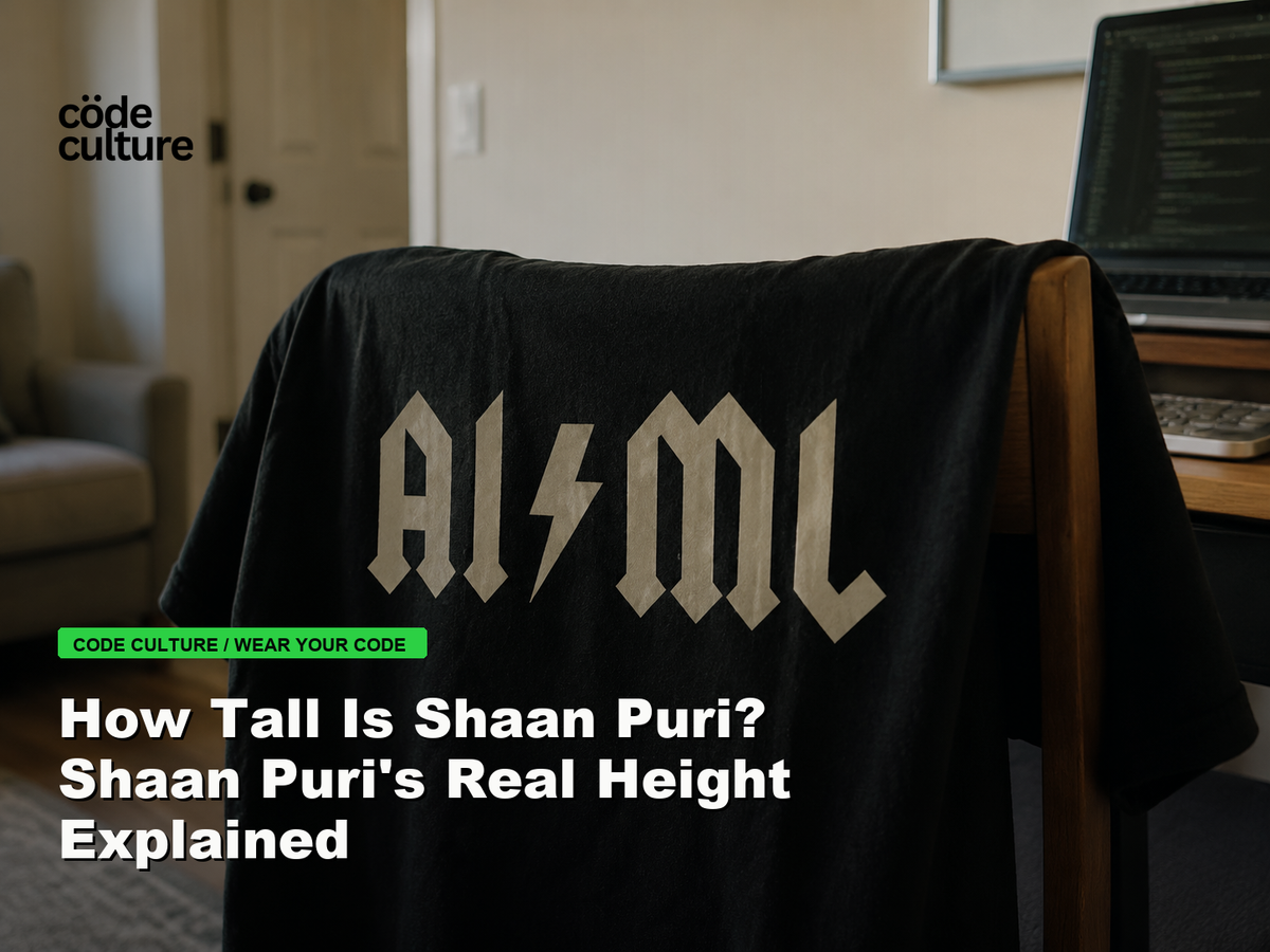 Code Culture blog banner for How Tall Is Shaan Puri? Shaan Puri's Real Height Explained, featuring a aiml 100416 developer t-shirt.