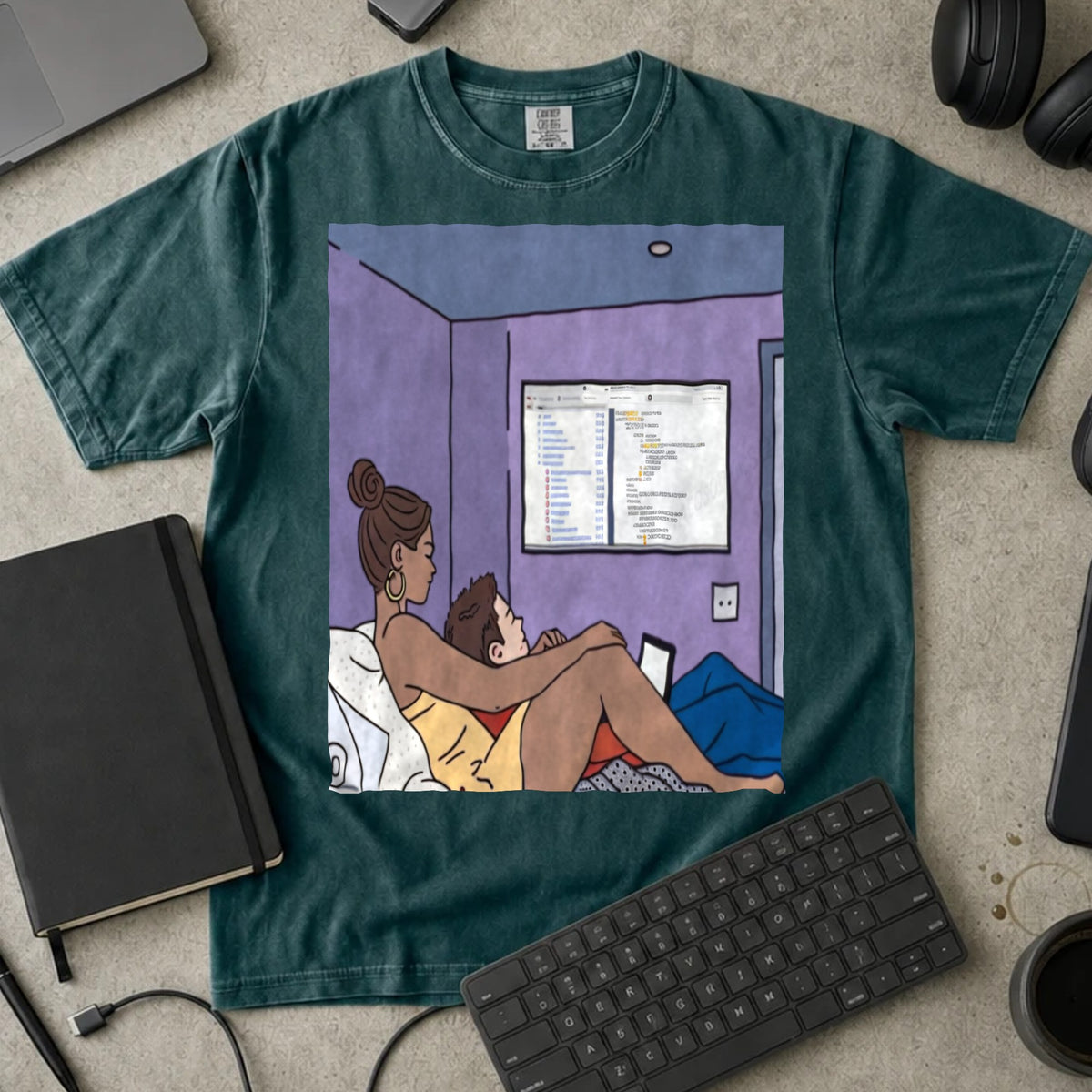 Late Night Code Review Shirt in Blue Spruce, Comfort Colors 1717 tee flat lay