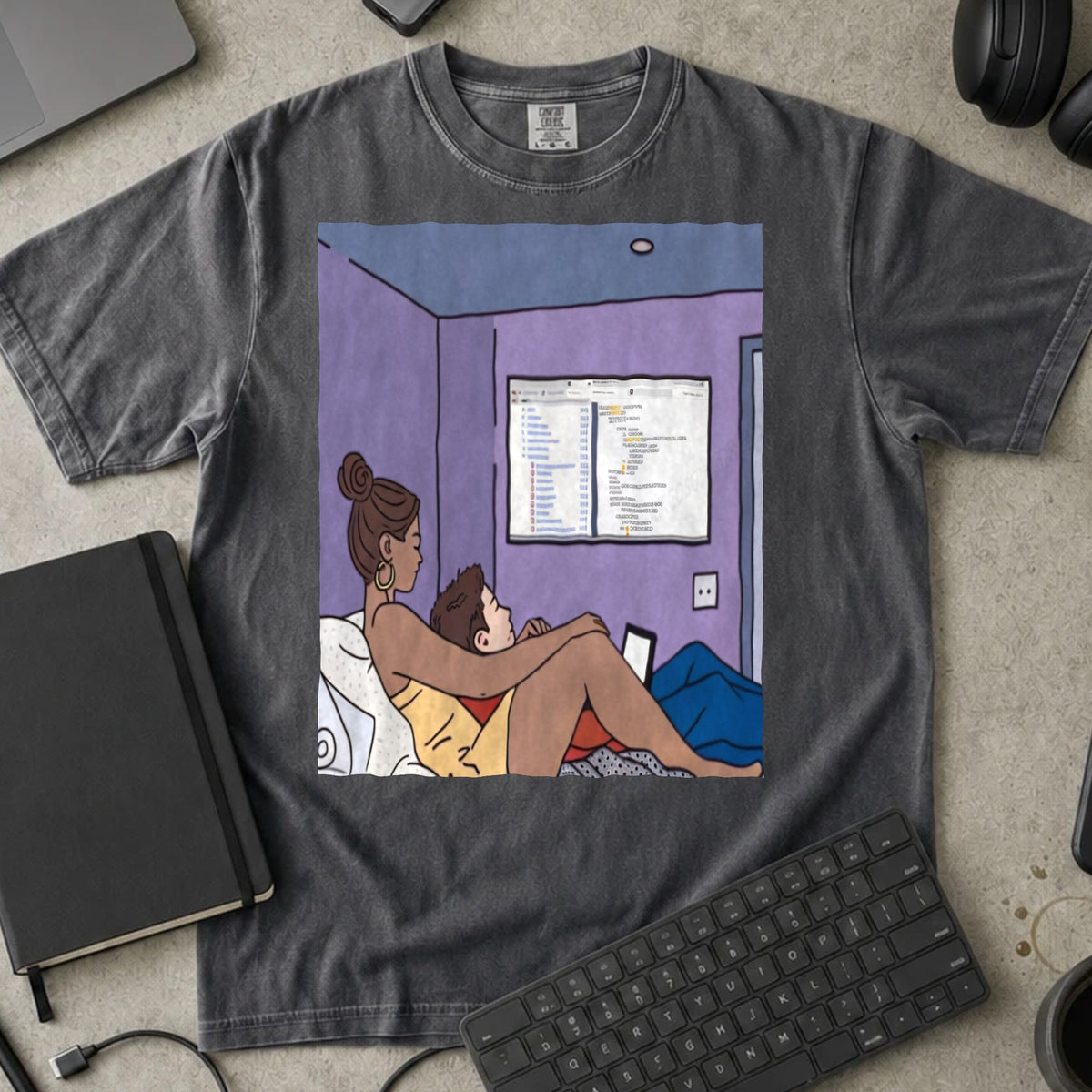 Late Night Code Review Shirt in Pepper, Comfort Colors 1717 tee flat lay