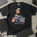 Good Morning Coffee Coder Shirt in Black, Comfort Colors 1717 tee flat lay
