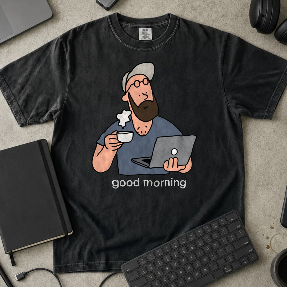 Good Morning Coffee Coder Shirt in Black, Comfort Colors 1717 tee flat lay