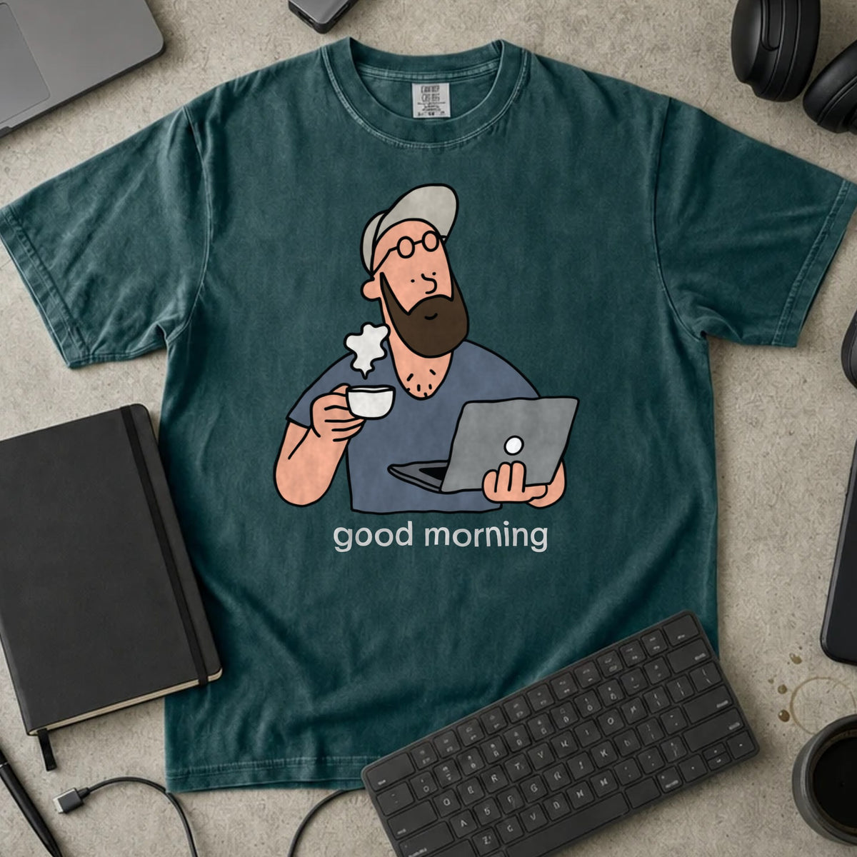 Good Morning Coffee Coder Shirt in Blue Spruce, Comfort Colors 1717 tee flat lay