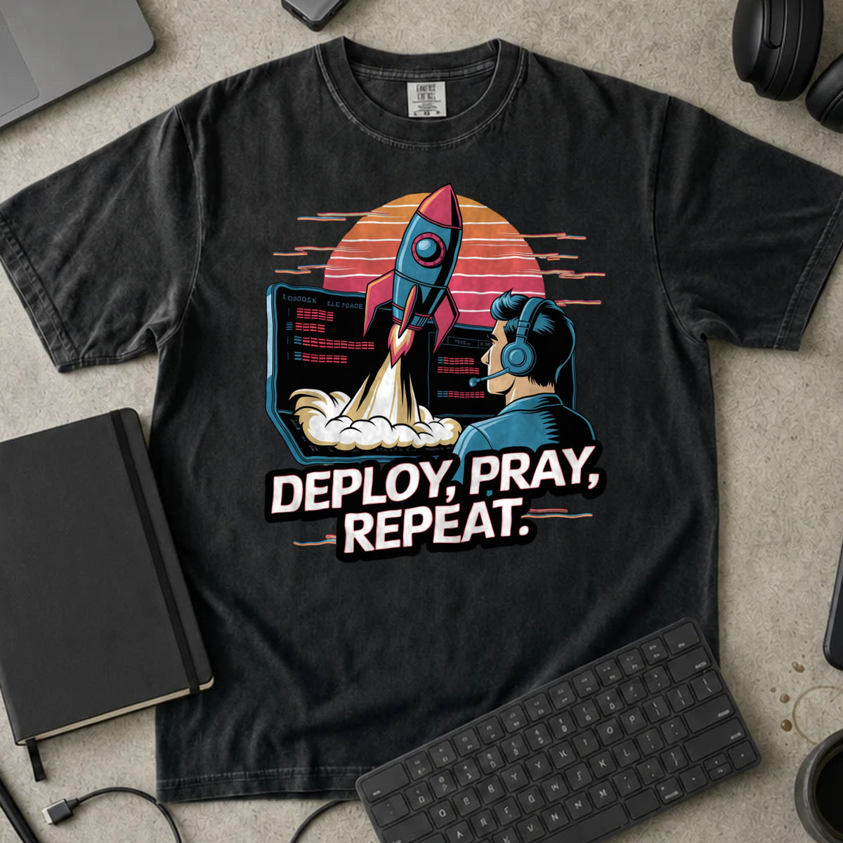 Deploy Pray Repeat Shirt in Black, Comfort Colors 1717 tee flat lay