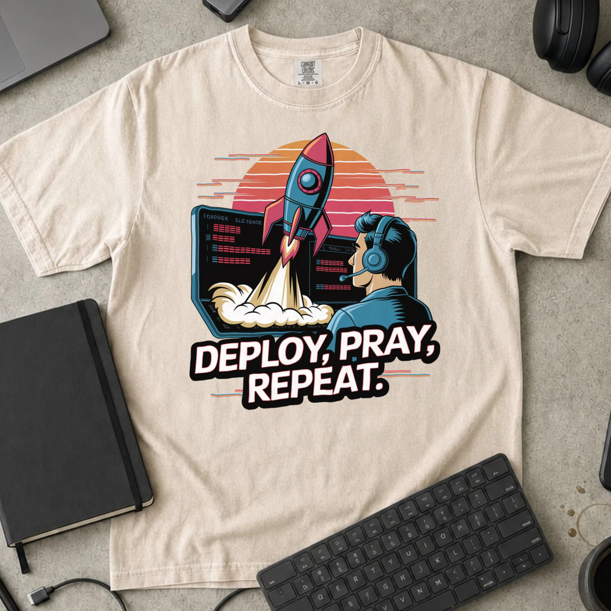 Deploy Pray Repeat Shirt in Ivory, Comfort Colors 1717 tee flat lay
