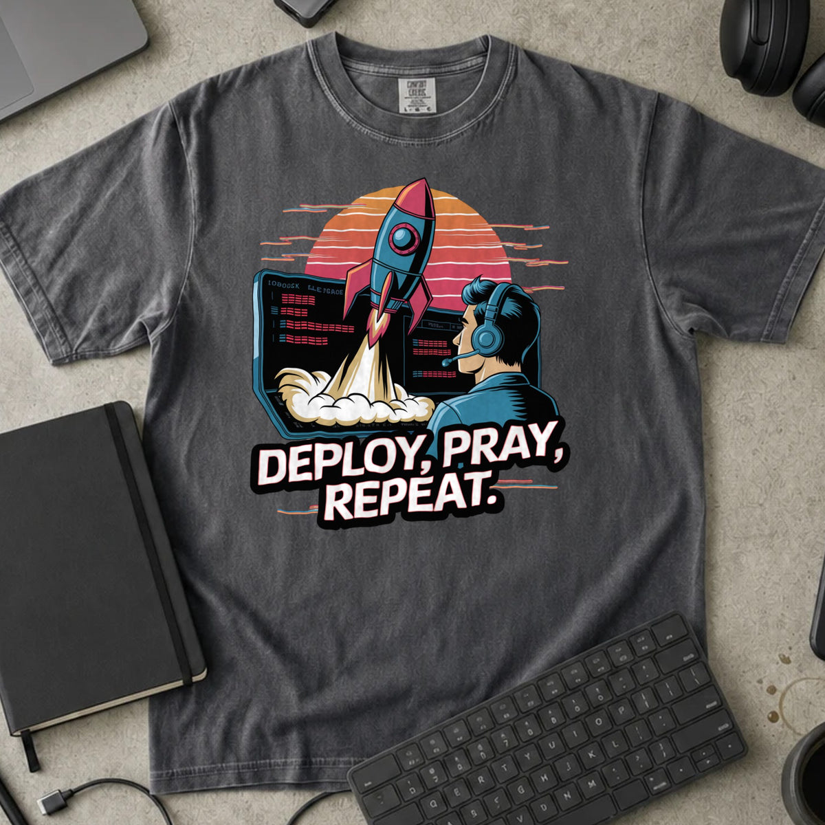 Deploy Pray Repeat Shirt in Pepper, Comfort Colors 1717 tee flat lay