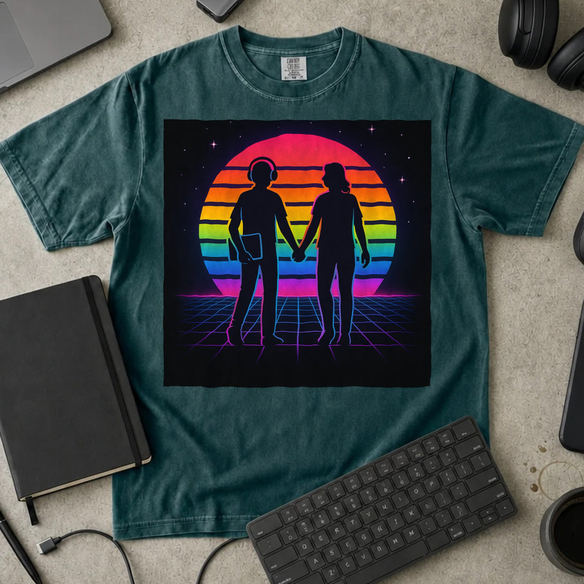 Retro Synthwave Coder Couple Shirt in Blue Spruce, Comfort Colors 1717 tee flat lay