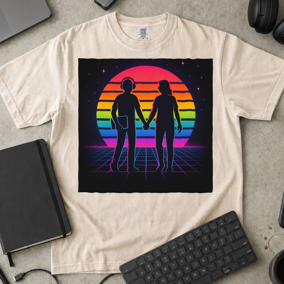Retro Synthwave Coder Couple Shirt in Ivory, Comfort Colors 1717 tee flat lay