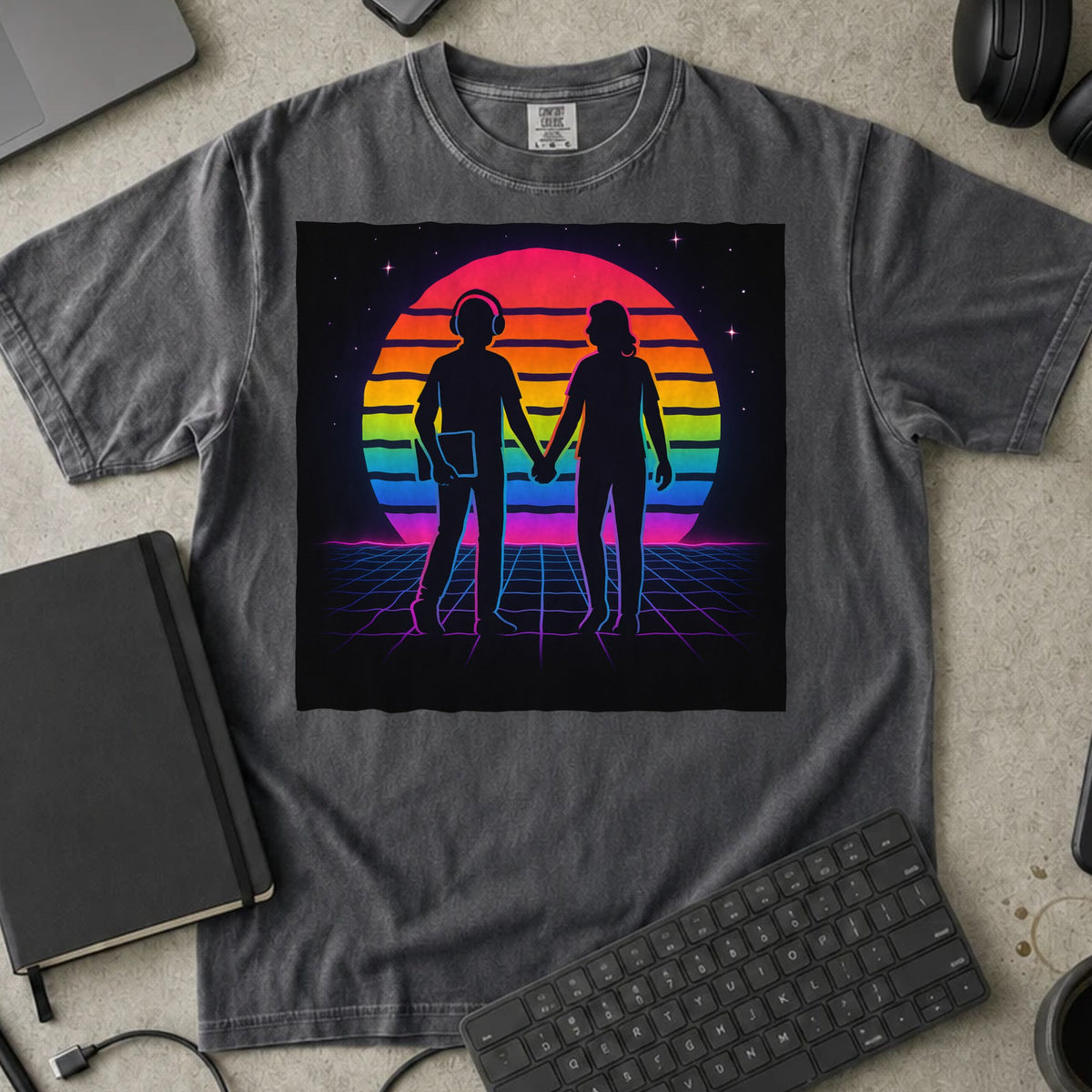 Retro Synthwave Coder Couple Shirt in Pepper, Comfort Colors 1717 tee flat lay