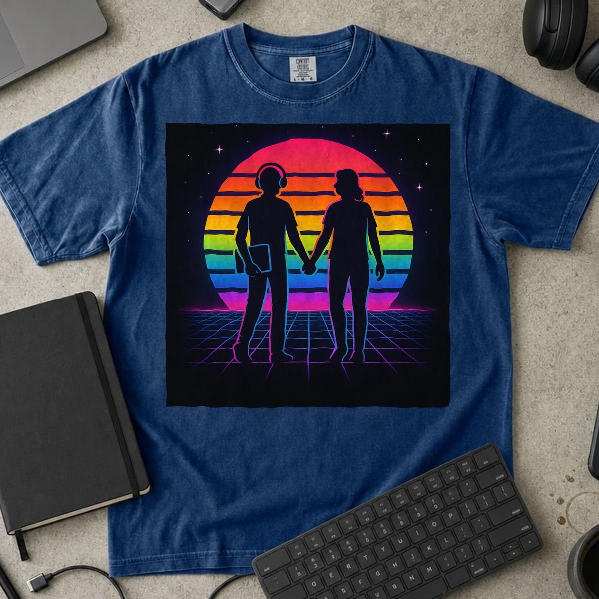 Retro Synthwave Coder Couple Shirt in True Navy, Comfort Colors 1717 tee flat lay