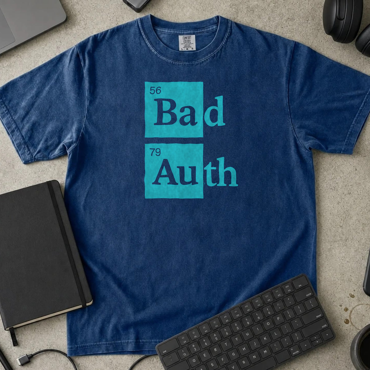 Bad Auth Periodic Table Shirt in True Navy, Comfort Colors 1717 tee flat lay