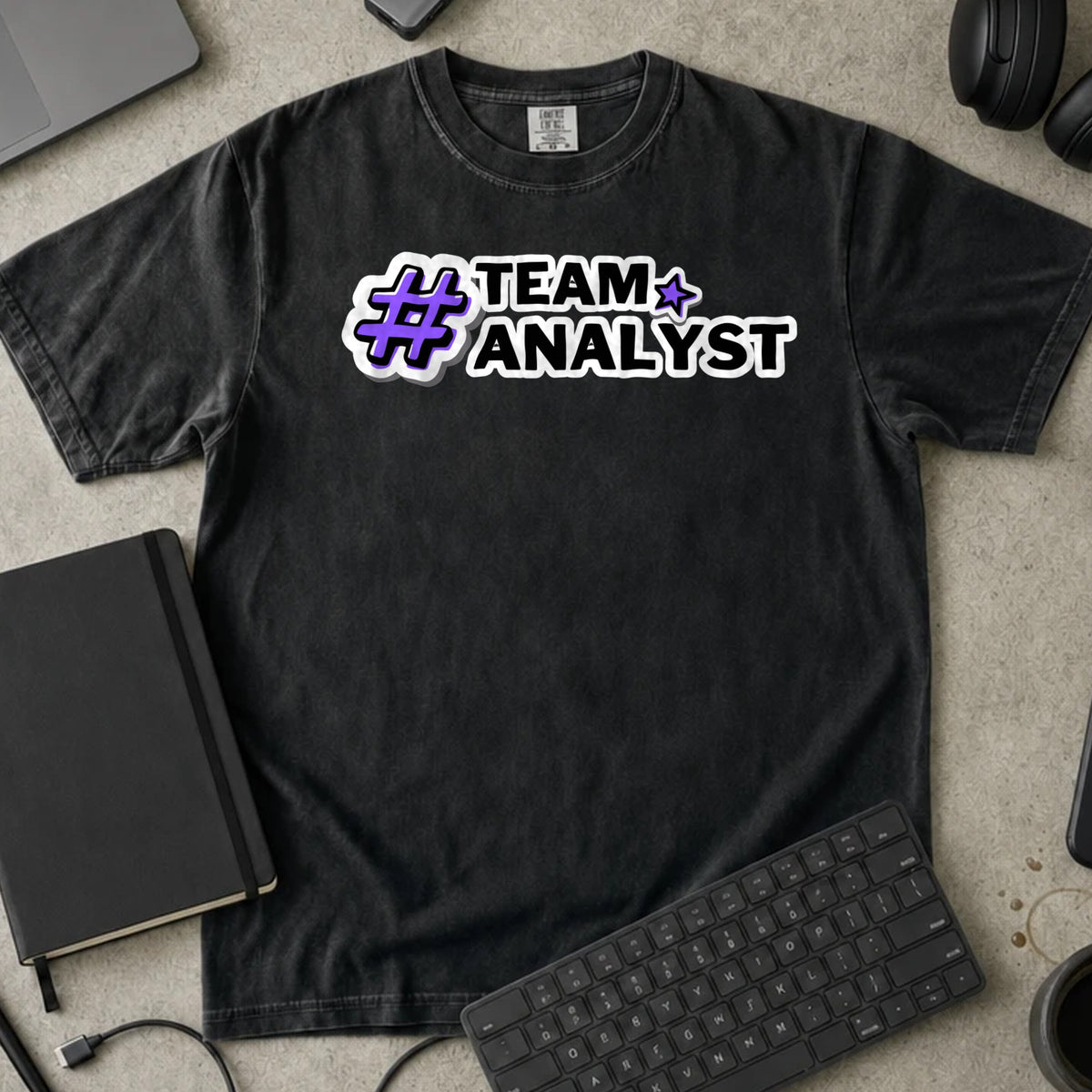 Team Analyst Shirt in Black, Comfort Colors 1717 tee flat lay