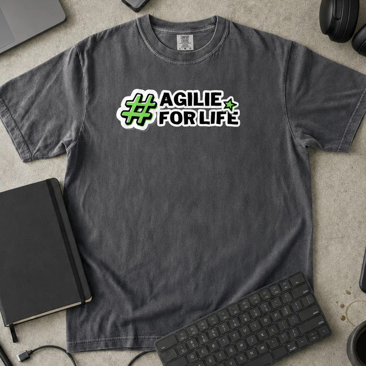 Agile For Life Shirt in Pepper, Comfort Colors 1717 tee flat lay