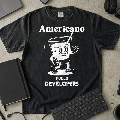 Americano Fuels Developers Shirt in Black, Comfort Colors 1717 tee flat lay