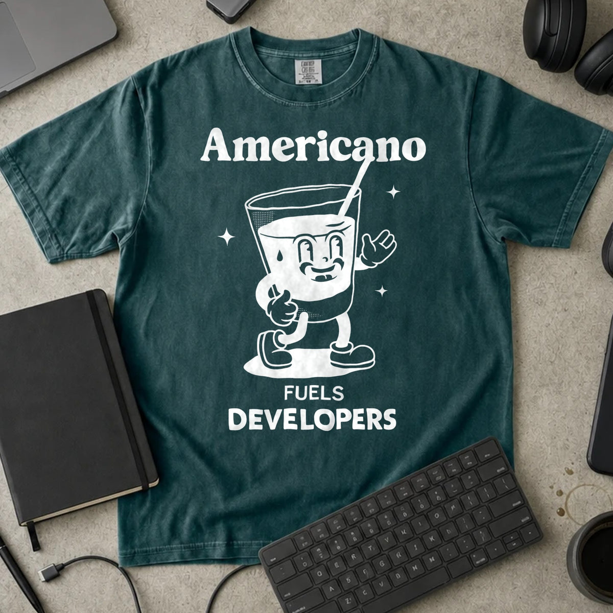 Americano Fuels Developers Shirt in Blue Spruce, Comfort Colors 1717 tee flat lay