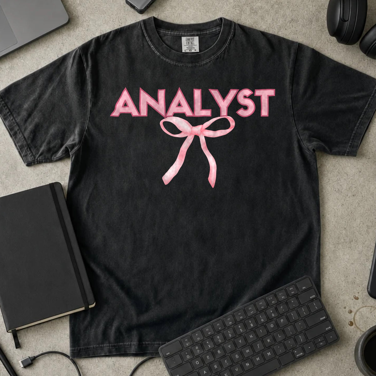 Analyst Bow Shirt in Black, Comfort Colors 1717 tee flat lay
