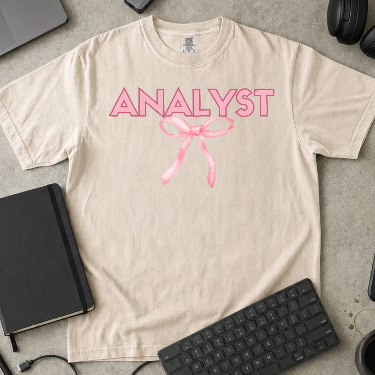 Analyst Bow Shirt in Ivory, Comfort Colors 1717 tee flat lay