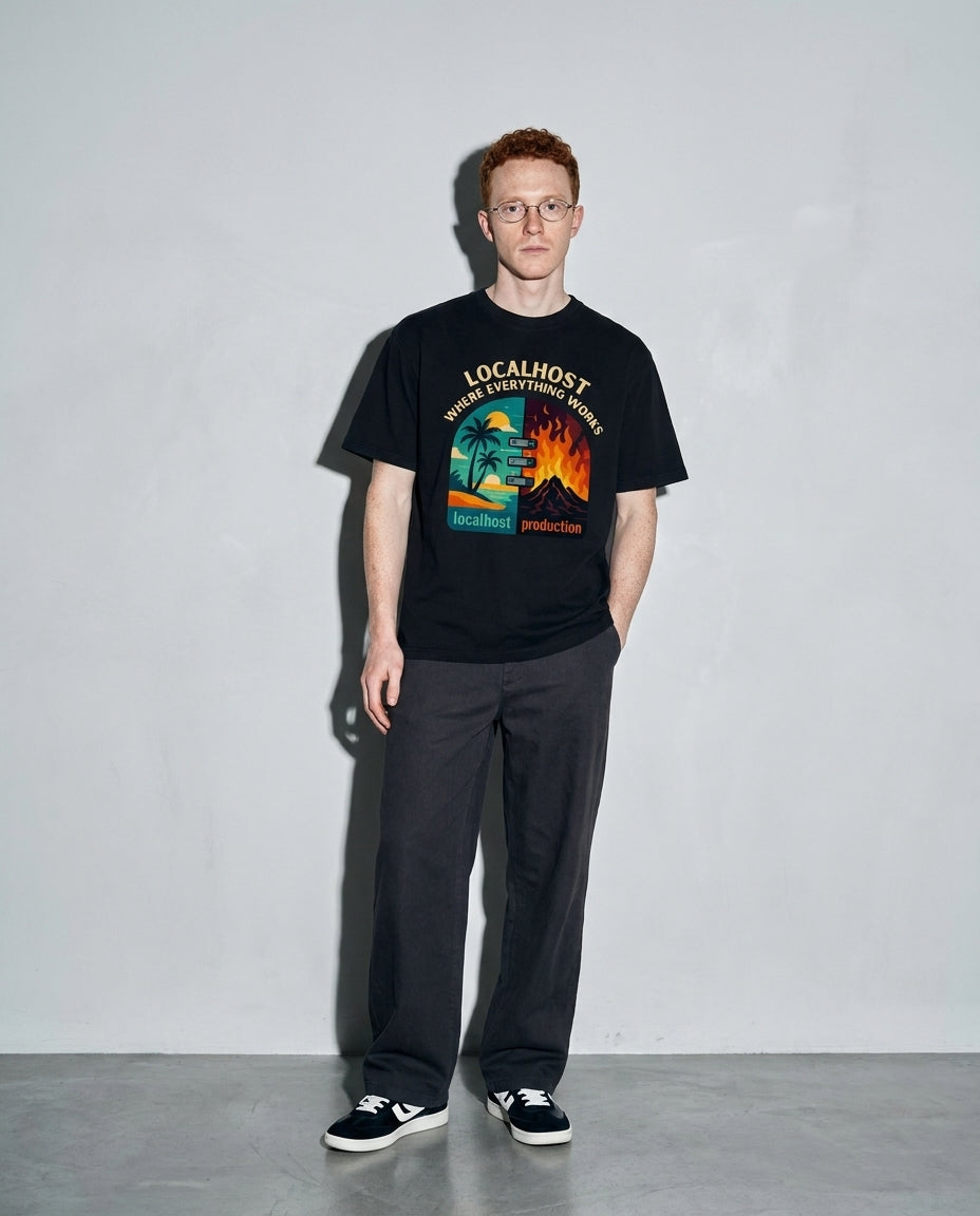 localhost vs production Premium Shirt — Black Model Full Body