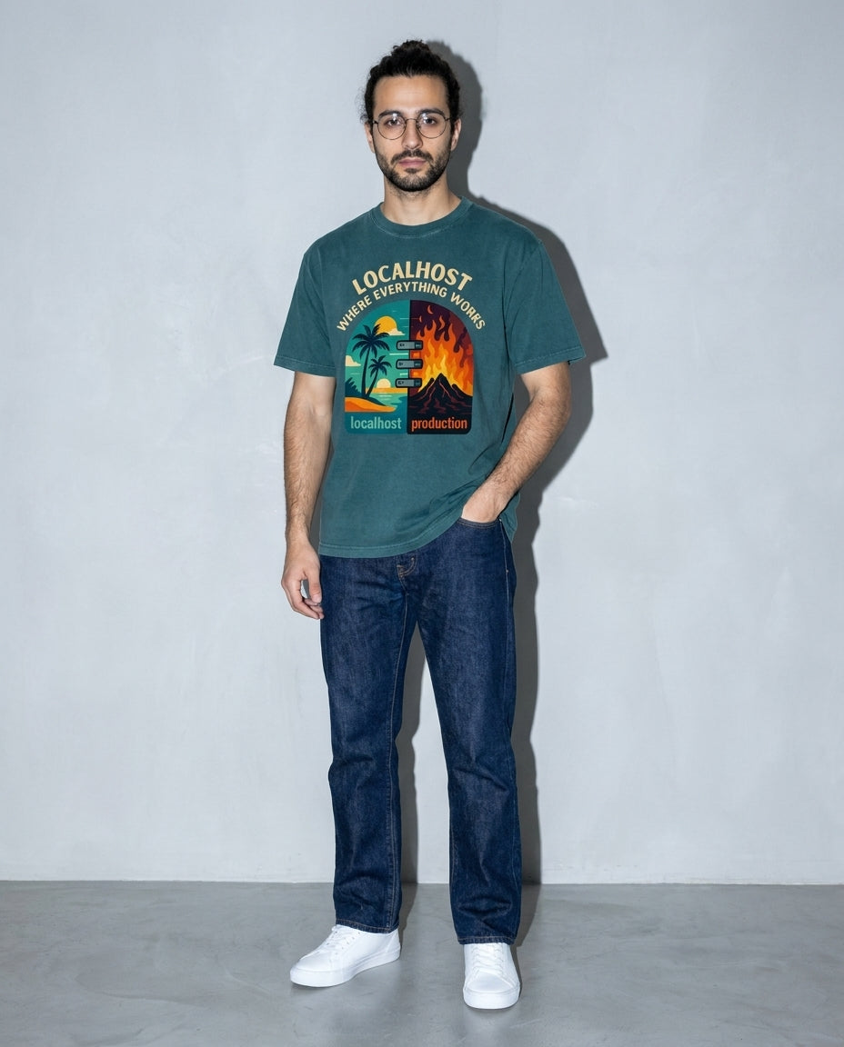 localhost vs production Premium Shirt — Blue Spruce Model Full Body