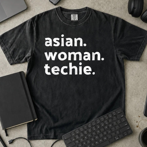 Asian Woman Techie Shirt in Black, Comfort Colors 1717 tee flat lay