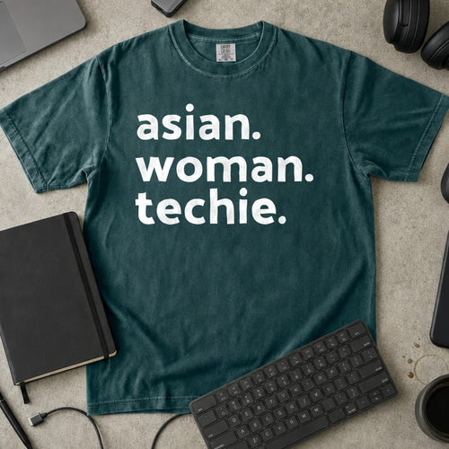 Asian Woman Techie Shirt in Blue Spruce, Comfort Colors 1717 tee flat lay