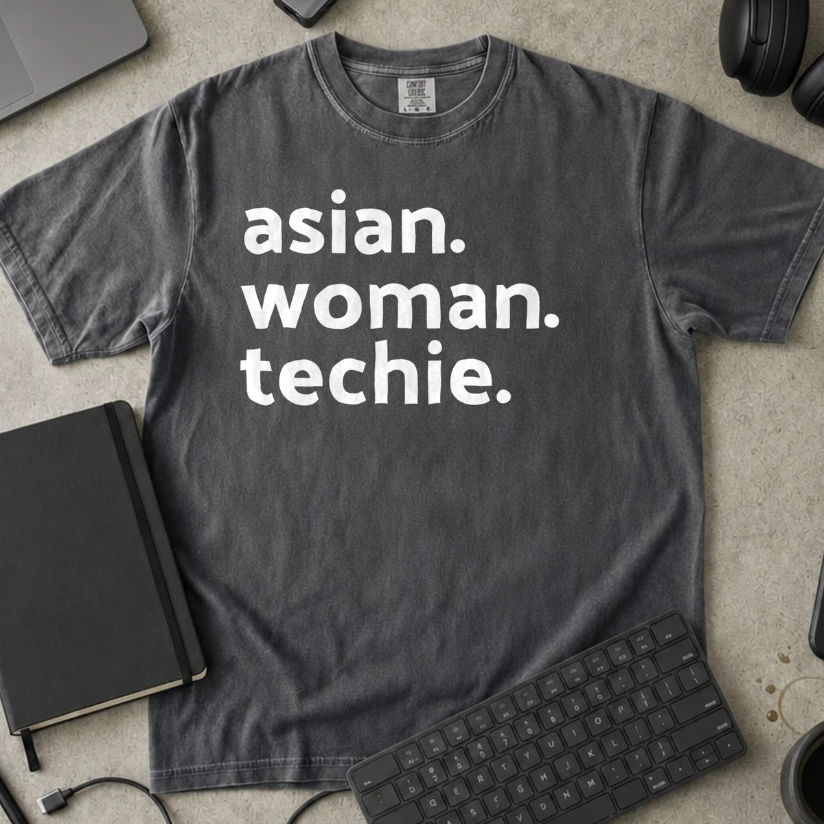 Asian Woman Techie Shirt in Pepper, Comfort Colors 1717 tee flat lay