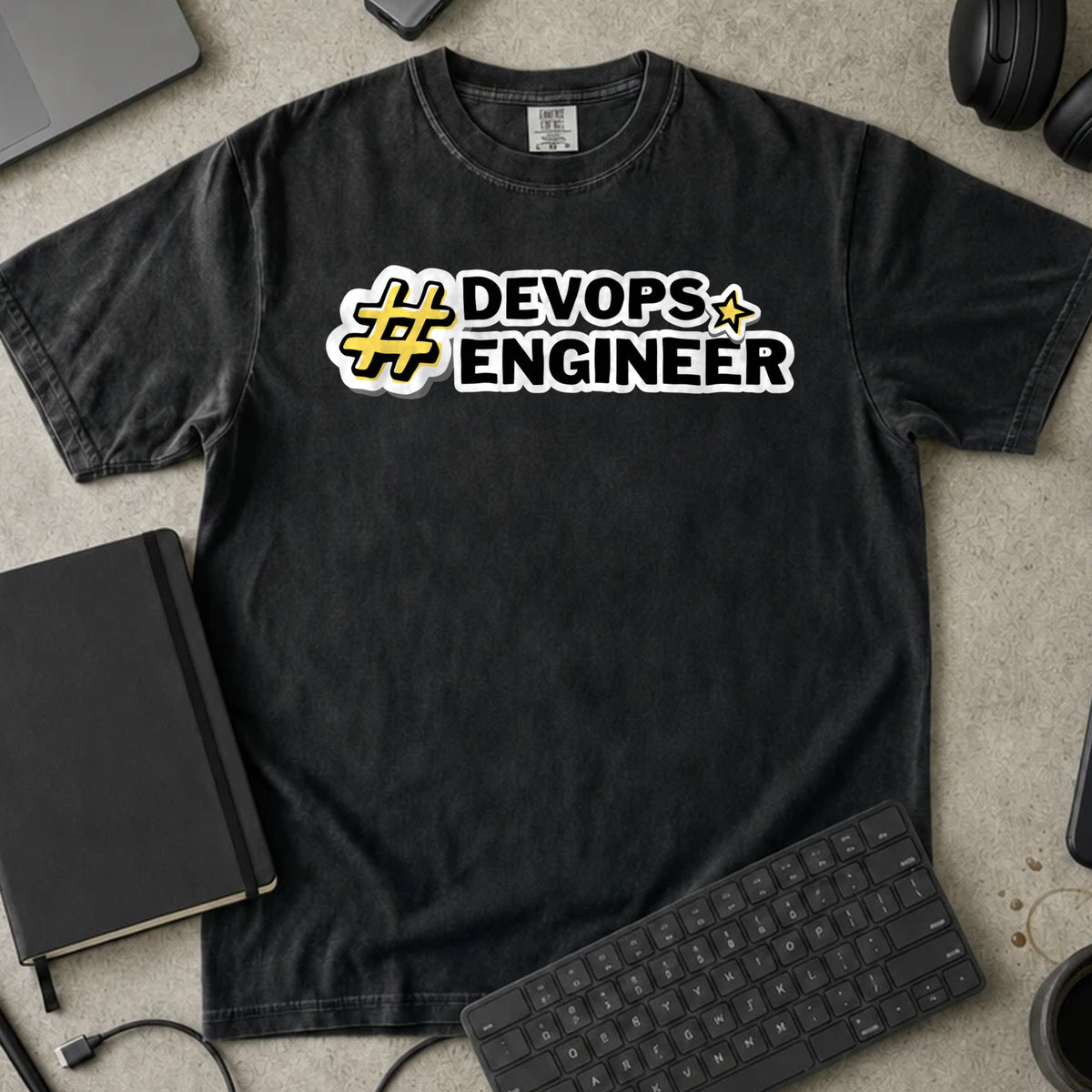 DevOps Engineer Hashtag Shirt in Black, Comfort Colors 1717 tee flat lay