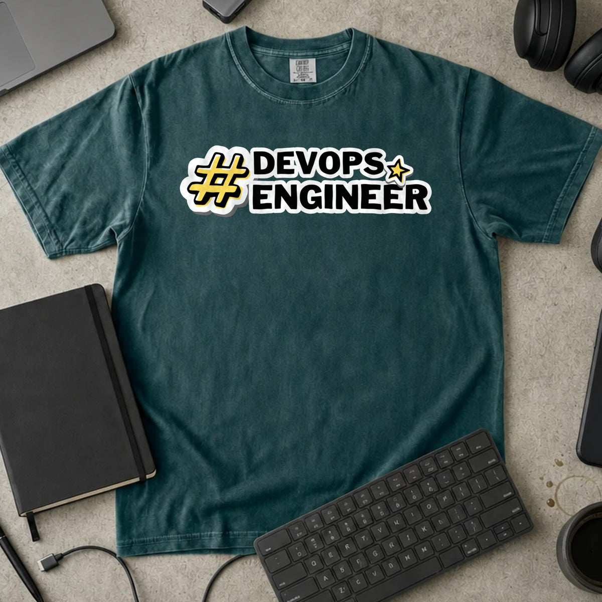 DevOps Engineer Hashtag Shirt in Blue Spruce, Comfort Colors 1717 tee flat lay