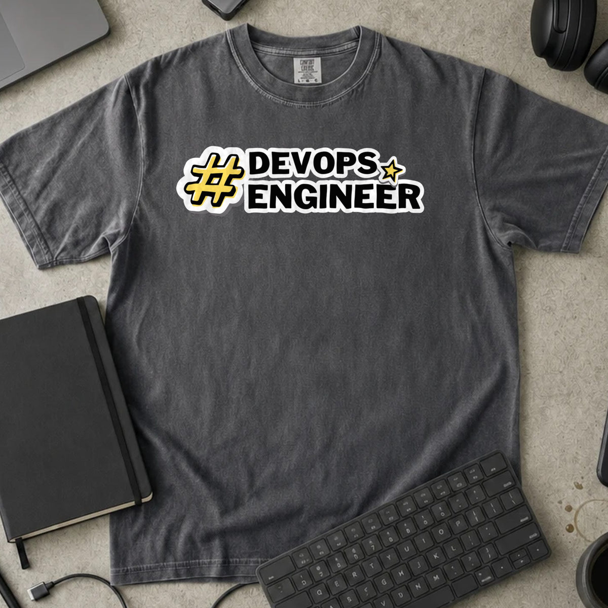 DevOps Engineer Hashtag Shirt in Pepper, Comfort Colors 1717 tee flat lay