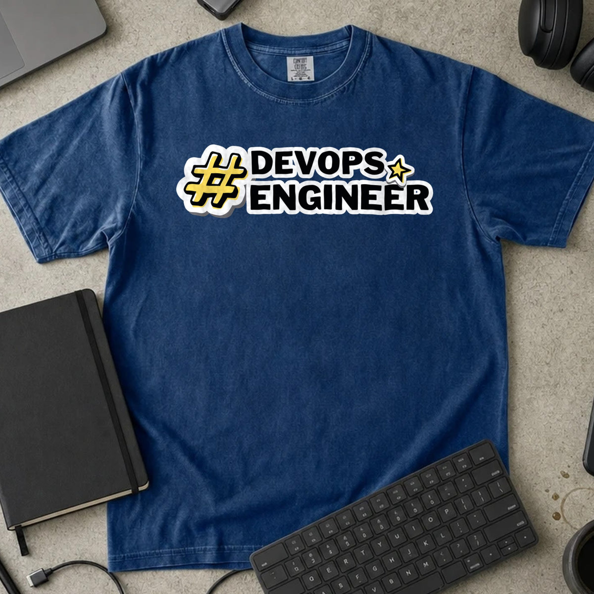 DevOps Engineer Hashtag Shirt in True Navy, Comfort Colors 1717 tee flat lay