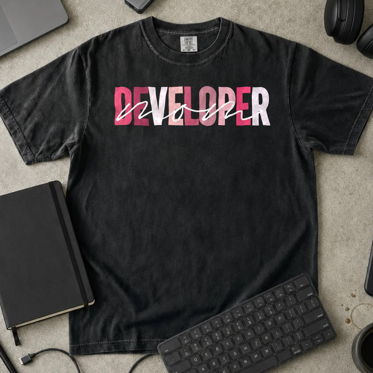 Developer Mom Shirt in Black, Comfort Colors 1717 tee flat lay