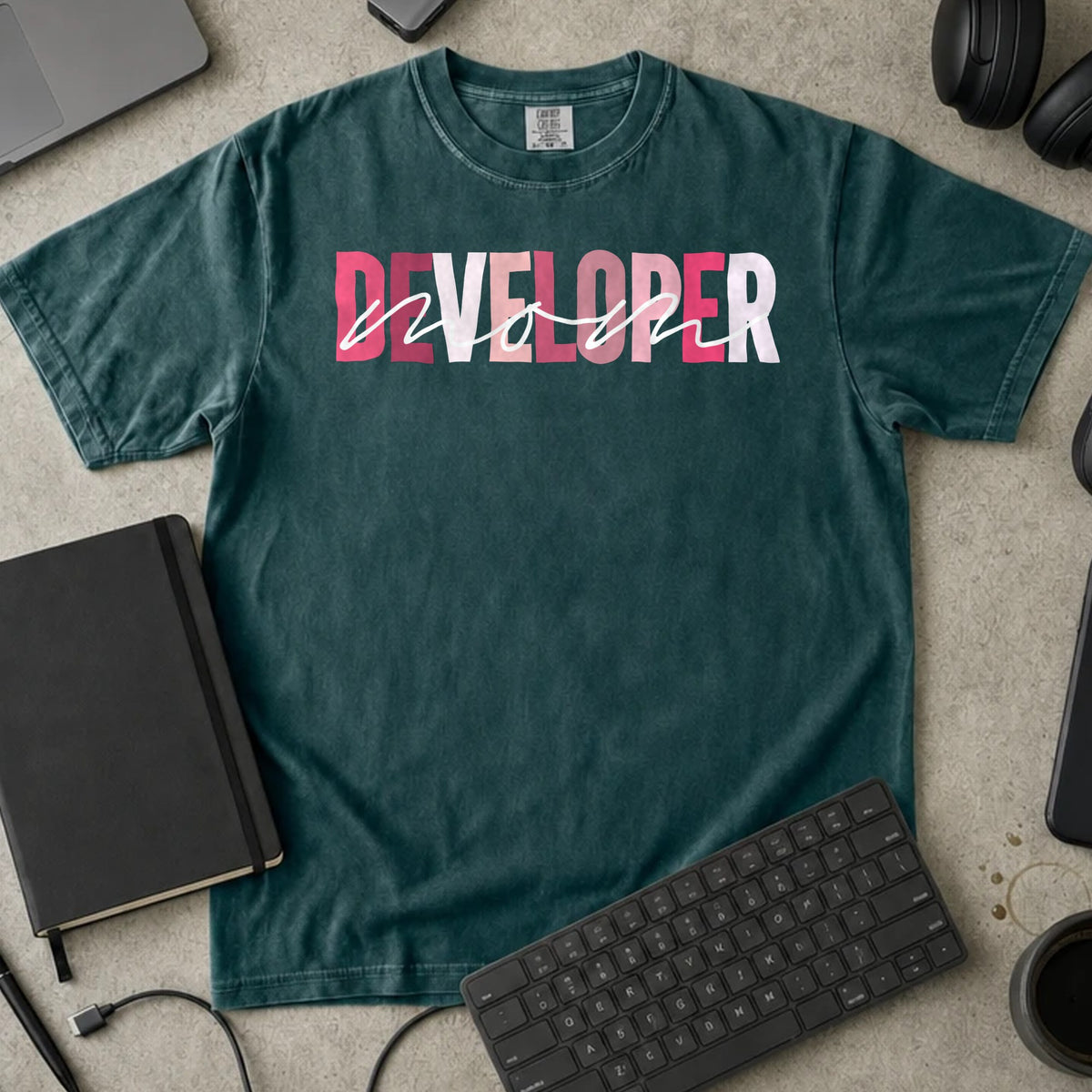 Developer Mom Shirt in Blue Spruce, Comfort Colors 1717 tee flat lay