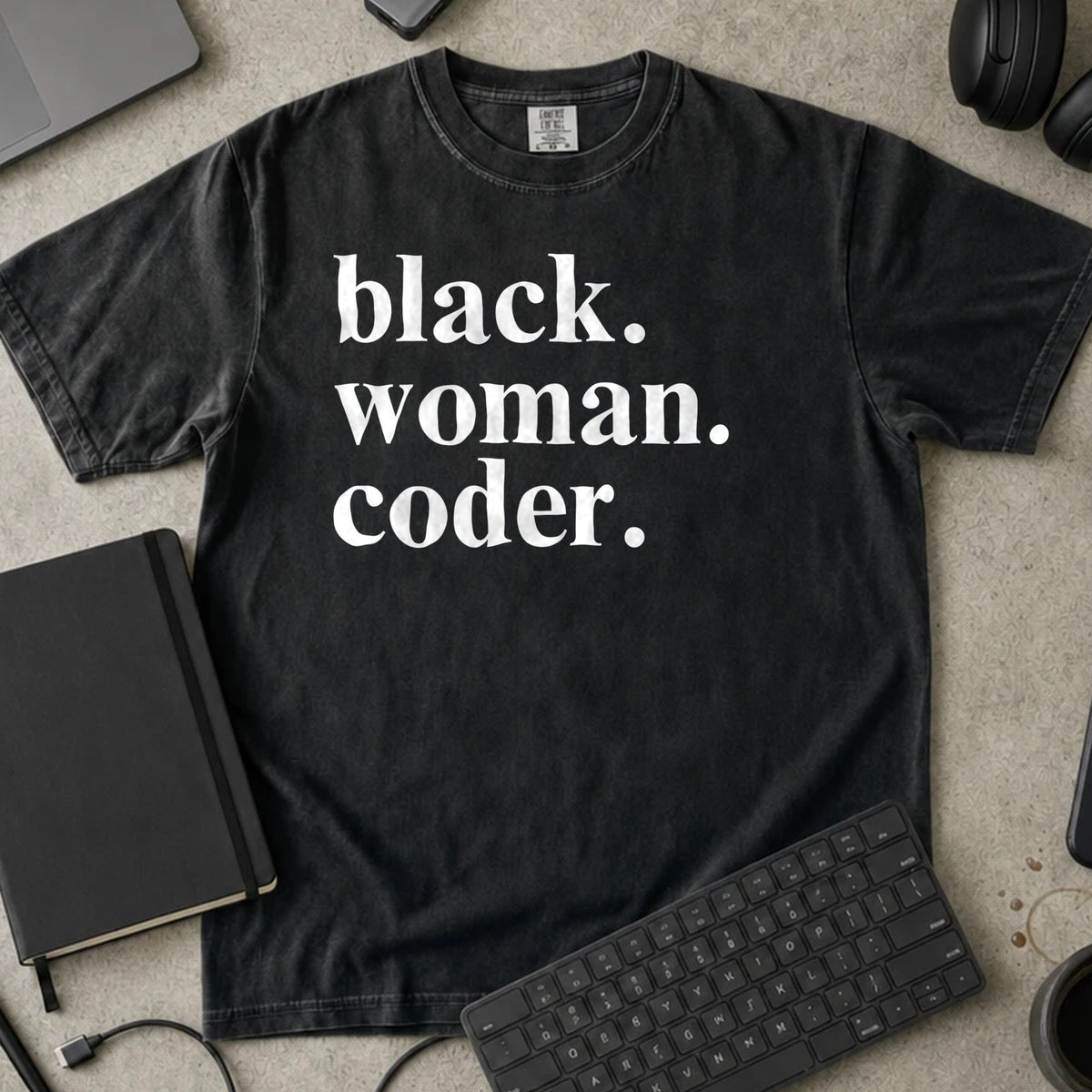 Black Woman Coder Shirt in Black, Comfort Colors 1717 tee flat lay