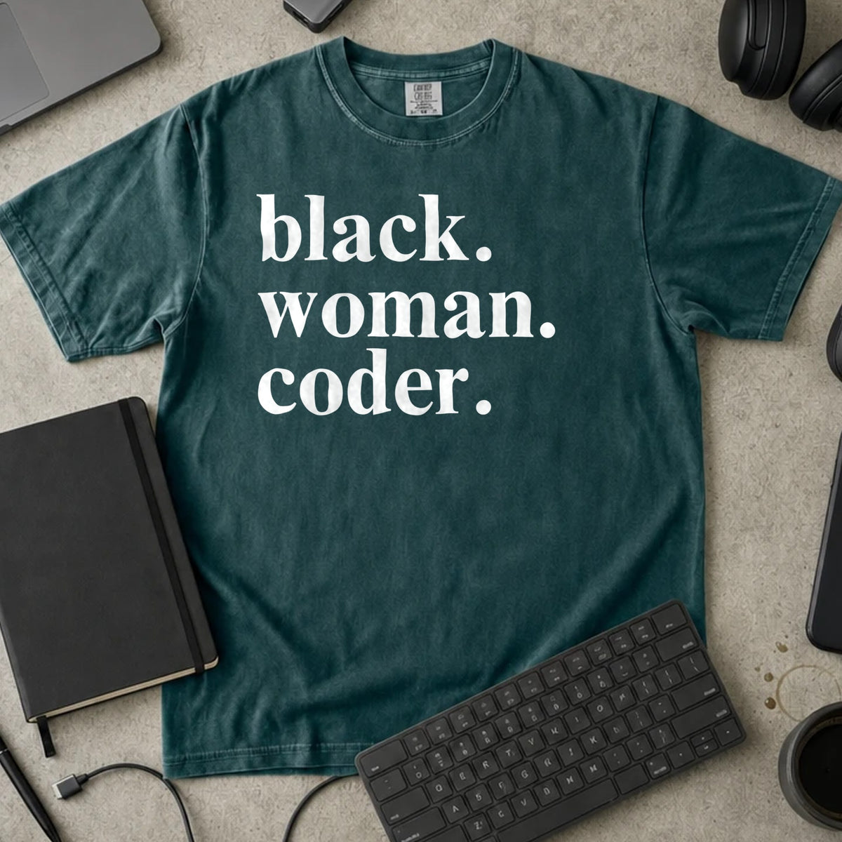 Black Woman Coder Shirt in Blue Spruce, Comfort Colors 1717 tee flat lay