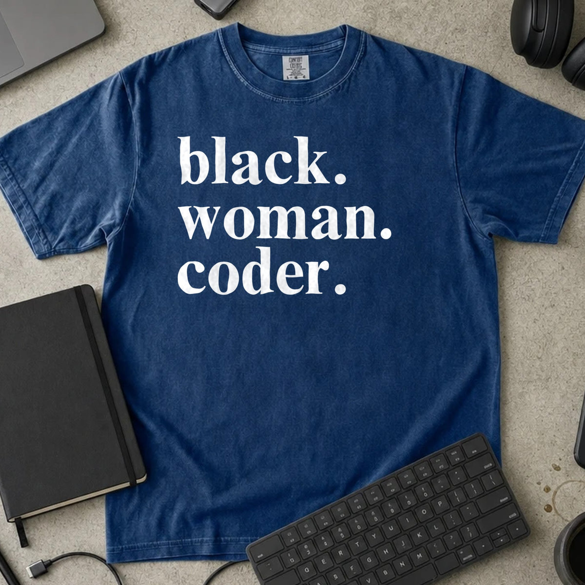 Black Woman Coder Shirt in True Navy, Comfort Colors 1717 tee flat lay