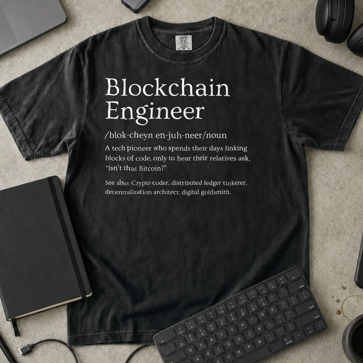Blockchain Engineer Definition Shirt in Black, Comfort Colors 1717 tee flat lay