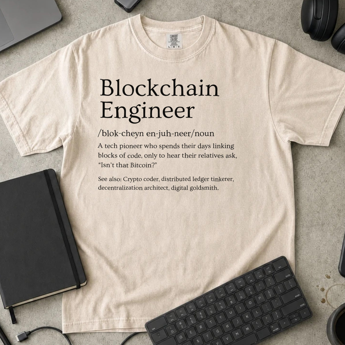 Blockchain Engineer Definition Shirt in Ivory, Comfort Colors 1717 tee flat lay