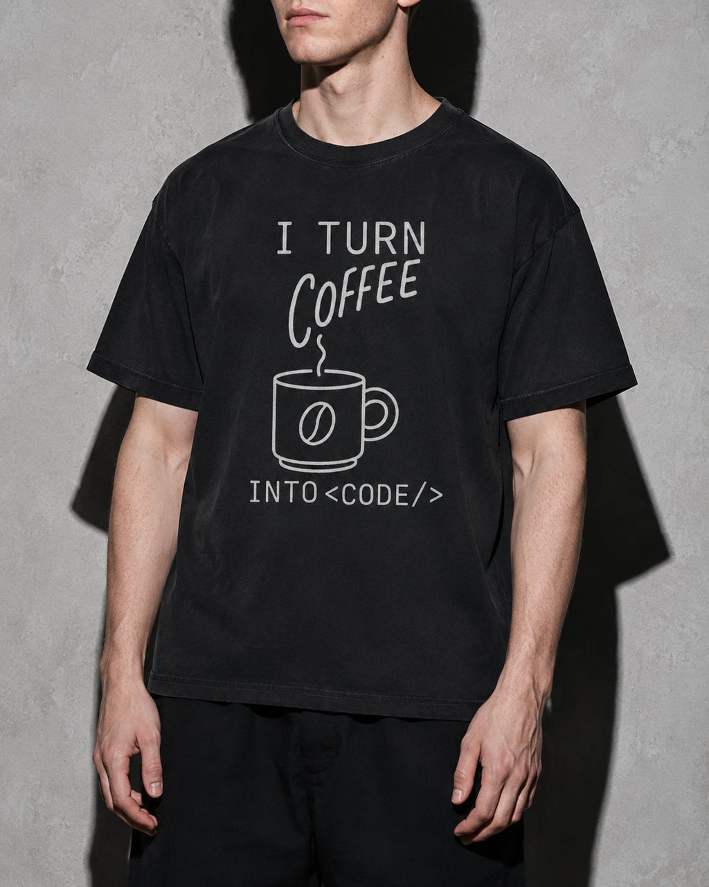 i turn coffee into code Premium Shirt — Black Model Zoom Hero